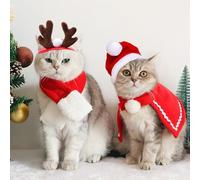Disfraz Navidad para Perros Gatos, 4 Piezas Accesorios Ropa Navideño de Mascota Astas de Reno Diadema Sombrero de Santa Bufanda Manto, Regalo Collar Roja Disfraces Navideña para Perro Gato Pequeños