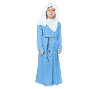 Disfraz para niña de Virgen María con Manto para Cabeza, túnica, echarpe y cinturón en Blanco y Azul. Celebra la Navidad con ternura