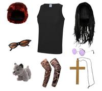 Disfraz para parejas de Osbourne para adultos, chaleco negro, peluca negra, gafas redondas, cruz dorada, mangas de tatuaje, peluca roja, gafas de sol, perro de juguete, disfraz de celebridad de