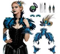 Disfraz Pavo Real Mujer, Capa Gótica de Plumas, Muñequera Plumas Naturales, Pestañas de plumas y Tocado PlumaS Pavo Real, Sombra de Ojos Verde Lápiz Labial, para Halloween Carnaval Cosplay