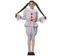 Disfraz payaso terror para niña gris con volantes, pompones rojos, Halloween carnaval, cosplay infantil, payasita siniestra estilo vintage, fiesta escolar, teatro (Conjunto gris, 10-12)