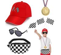 Disfraz Piloto Carreras Accesorios para Niños, Gorra de Carreras Rojos Riñonera Niño Banderas de Carrera a Cuadros Medallas Gafas de Sol Infantiles para Halloween Carnaval Fiesta Juego de Rol Disfraz