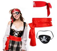 Disfraz Pirata Mujer Hombre,3 Paquetes de Accesorios Pirata con Parche Rojo Bandana Ojo y Sash Mujeres Hombres Vestido Fantástico Piratas para Halloween Cosplay Partido de Juego de Papel (Rojo)