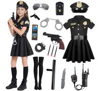 Disfraz Policia Niña, Disfraz Policia Niño Disfraz de Policía Niñas con Vestido Negro,Gorra de Policía,Cinturón,Walkie Talkie,Porra Policial,Esposas de Juguete para Fiesta Cosplay Carnaval Halloween