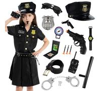 Disfraz Policia Niño, Disfraz Policia Niña Disfraz de Policia Niño,Policía Camisa Falda Sombrero Cinturon Silbato Bastón Pistola de Juguete Walkie Talkie para Policía De Juego Rol Carnaval Halloween