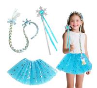 Disfraz Princesa Niña,3 Piezas Disfraces de Princesa Accesorios con Bandera Peluca Faldas Tutu Azul y Vara de Hadas Vestido Fancy de Princesas para Niños Cosplay Halloween