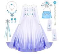 Disfraz Princesa Niña Azul con Accesorios - Vestido de Fiesta y Carnaval con Corona, Varita Mágica, Trenza, Guantes, Bolso y Juego de Joyas Infantil | Conjunto Ideal para Niñas de 2 a 7 Años(110)