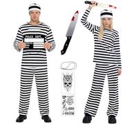 Disfraz Prisionero Hombre Mujer Disfraz Preso, Rayas Blanco y Negro Camiseta Pantalones Gorro, Tatuajes Temporales Cuchillo Ensangrentado, Carcel Traje Convicto Disfraces de Halloween Adulto Cosplay S