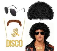 Disfraz Retro Años 70 80 para Hombres - Peluca Mullet con Bigote, Gafas, Cadena de Oro & Anillo de Símbolo del Dólar - Para Fiesta Años 70 80, Disfraz de Rock Star, Outfit de Halloween