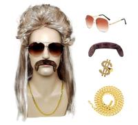 Disfraz Retro Años 70 80 para Hombres - Peluca Mullet con Bigote, Gafas, Cadena de Oro & Anillo de Símbolo del Dólar - para Fiesta Años 70 80, Disfraz de Rock Star, Outfit de Halloween