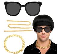 Disfraz Retro Años 70 80 para Hombres - Peluca Mullet con Bigote, Gafas, Cadena de Oro & Anillo de Símbolo del Dólar - Para Fiesta Años 70 80, Disfraz de Rock Star, Outfit de Halloween