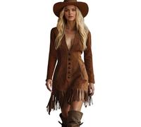 Disfraz Retro Años 70 Ropa Country Boho Hippie Disfraz Sexy de Vaquera para Festival Vestido Retro de Manga Larga con Borla y Botones Casual de Fiesta Conjunto Occidental de Mujer