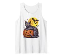 Disfraz Retro de Calabaza de Gato Negro para Halloween - Espeluznante Disfraz de murciélagos de Luna Camiseta sin Mangas