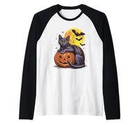 Disfraz Retro de Calabaza de Gato Negro para Halloween - Espeluznante Disfraz de murciélagos de Luna Camiseta Manga Raglan
