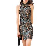 Disfraz sin mangas con cuello mandarín de Cheongsam, diseño tradicional chino de dragón fénix, abertura lateral, para cóctel, mini disfraz ajustado (40-azul, L)