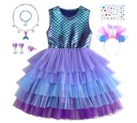 Disfraz Sirenita Niña, Disfraz de Sirena con Accesorios para Niñas de 2 a 7 Años, Vestido de Princesa Azul Púrpura para Cosplay, Halloween, Carnaval (130)