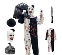 Disfraz Terrifier Adulto Niño, Traje Terrifier con manchas sangre, Disfraz Psycho Asesino Aterrador con máscara látex, daga plástico, adecuado para Halloween, carnaval, mascarada, cosplay (170-180)