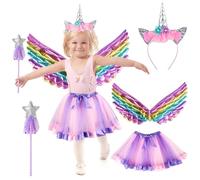 Disfraz Unicornio Niña, Conjunto de Cosplay de Unicornio Unicornio Tutú de Princesa con Diadema, Alas, Joyas y Varita, Costume Set de Unicornio para Niña de 3-8 Año Cumpleaños Navidad Carnaval Fiesta