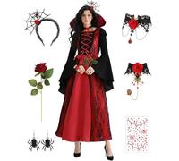 Disfraz Vampiro Mujer, Disfraces Halloween Gótico Vampiro Vestido Halloween Mujer Cosplay Disfraz Dracula Reina de Corazones Vampiresa con Collar de Vampire para Carnaval Fiesta Costume Decoracion (M)