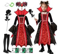 Disfraz Vampiro Niña, 6 Piezas Disfraces de Vampiro, Disfraz Niña Halloween, Medieval Traje Vampiresa Vestido con Colmillos Vampiros,Gótico Collar,Traje Vampiros para Carnaval Mascarada Cosplay Fiesta
