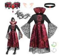 Disfraz Vampiro Niña, Vestido Halloween Niña, Disfraz de Bruja Reina Vampiresa con Dientes Vampiro, Gótico Collar, Temporales Tatuajes, Vampiresa Niño de Carnaval Halloween Fiesta Cosplay
