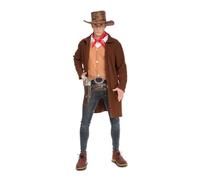 Disfraz Vaquero hombre talla M/L adulto en marrón | Incluye sombrero marrón, pañuelo rojo, camisa blanca, chaleco beige, cinturón negro y abrigo marrón