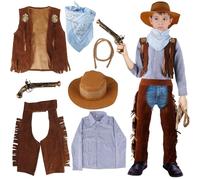 Disfraz Vaquero Niño, 7 Piezas Disfraz Cowboy Costume Niño Disfraces Vaqueros del Oeste Accesorios con Sombrero Cowboy, Camisa, Chaleco, pantalones, Pañuelo Vaquero para Fiesta Carnaval Cosplay