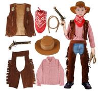 Disfraz Vaquero Niño, 7 Piezas Disfraz Cowboy Costume Niño Disfraces Vaqueros del Oeste Accesorios con Sombrero Cowboy, Camisa, Chaleco, pantalones, Pañuelo Vaquero para Fiesta Carnaval Cosplay