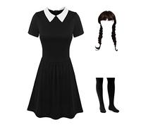 Disfraz vestido mujer niña Halloween niños uniforme gótico traje Karnival Kosplay Schwartz vestido niños Nevermore Academy con Things y Wig 110