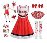 Disfraz Zombie Niña, Niñas Cheerleader Halloween, Costumes de Animadora Zombi, Disfraz Esqueleto con Pompons Calcetines Pegatinas,Halloween de Colegiala Zombi para 10-12 Años Fiestas Infantiles,Rojo