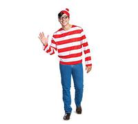 Disguise Men's Wheres Halloween, Official Adult Waldo Costume Set with Shirt and Cap with Glasses Outfit, Multicolored, Medium (38-40)