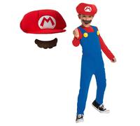 Super Mario - Disfraz Super Mario Oficial - Incluye Bigote y Gorro - Talla S de 4/6 Años