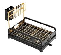 Dish Drying Rack, Cups Holder Cutlery Holder Dish Rack with Drain Board for Kitchen Counter Dish Drainer Tray(Black Gold)