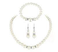 Dishowme Boda collar de perlas pendientes conjunto cristal nupcial imitación perla colgante collar pulsera cuelga joyería para mujeres Grils novias damas de honor (Plateado)