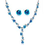 Dishowme Conjunto de pendientes de collar de flor rosa collar con colgante de flor nupcial de cristal cadena Floral joyería de boda para mujeres niñas novia damas de honor (Azul)