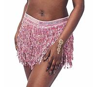Dishowme Falda de Baile de Lentejuelas para Mujer, Traje de Danza del Vientre, Borla Brillante, Flecos, Bufanda para la Cadera, cinturón Envolvente para la Cintura, Disfraz para niñas (Rosa)