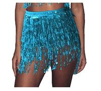 Dishowme Falda de Baile de Lentejuelas para Mujer, Traje de Danza del Vientre, Borla Brillante, Flecos, Bufanda para la Cadera, cinturón Envolvente para la Cintura, Disfraz para niñas (Azul)