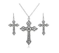 Dishowme Juego de 3 collares y aretes de cruz gótica, vintage, punk, vampiro, crucifijo, conjuntos de joyería para mujer, religioso, cristiano, oración, talla única, Acero aleado, No es una piedra