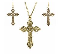 Dishowme Juego de 3 collares y aretes de cruz gótica, vintage, punk, vampiro, crucifijo, conjuntos de joyería para mujer, religioso, cristiano, oración, talla única, Acero aleado, No es una piedra