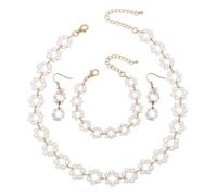 Dishowme Juego de 4 collares y aretes y pulseras de perlas de imitación vintage para mujer