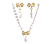 Dishowme Juego de collar y aretes de corazón de perlas con colgante de mariposa de cristal, collar con colgante de lazo de perlas de imitación, diamantes de imitación franceses, corazón, lazo, borlas,