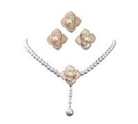 Dishowme Juego de collar y aretes de perlas de cristal de camelia con colgante de flor de camelia vintage en capas para mujeres y niñas, Perla de imitación Metal