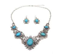 Dishowme Juego de collar y aretes de turquesa, collar con colgante de flor de piedras preciosas bohemias, 3 piezas, vintage, geométrico, gota de agua, disfraz occidental, joyería colgante para