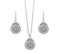 Dishowme Juego de collar y aretes de turquesa, collar con colgante de flor de piedras preciosas bohemias, 3 piezas, diseño geométrico vintage de gota de agua, disfraz occidental para mujeres y niñas,
