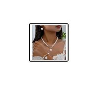 Dishowme Lot de 4 collares y pendientes de perlas artificiales vintage en forma de corazón para mujer, talla única, Perla sintética Acero aleado, No es una piedra preciosa