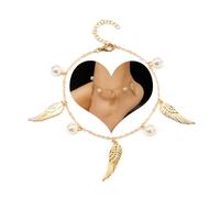 Dishowme Tobillera con alas de ángel de perlas, estilo bohemio, con perlas sintéticas, para verano, playa, cadena de pie para mujeres y niñas, Perla sintética aleación