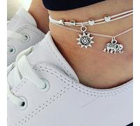 Dishowme Tobillera con diseño de elefante y girasol, cuentas de tortuga, cadena de pie, cuerda encerada, para verano, playa, sandalias descalzas para mujer