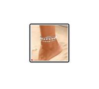 Dishowme Tobillera con diseño de hojas de perlas, estilo bohemio, con lentejuelas, cadena de perlas sintéticas, para verano, playa, sandalias descalzas para mujeres y niñas, Metal