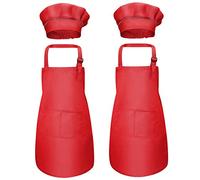 Disino 4 Piezas Rojo Niños Delantal y Gorro de Cocinero, Infantil Delantal Con 2 Bolsillos para Niñas, Ajustable Niñito Delantales de Cocina Chef para Cocinar Hornear Pintura Artesanía (7-13 Años)
