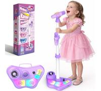 Dislocati Micrófono para Niños con Altavoz, Juguete Regalo para Niñas de 3 Años en Adelante, Soporte Ajustable 47-108 cm, Inalámbrico con Bluetooth, Luces LED, Morado